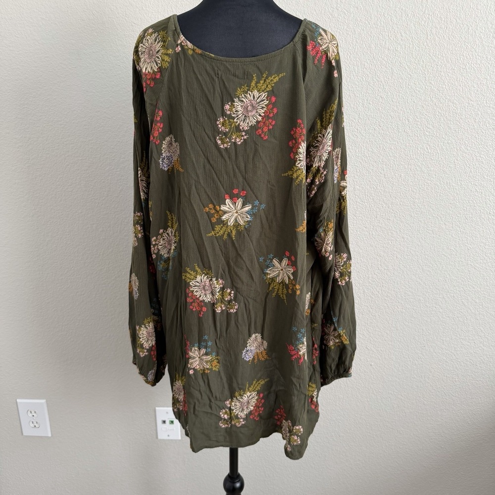 Floral Tie-Neck Olive Green Women's Tunic Top - Picture 7 of 9